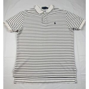 Polo Ralph Lauren Mens Large White Navy Blue Striped Cotton Pique Polo Shirt